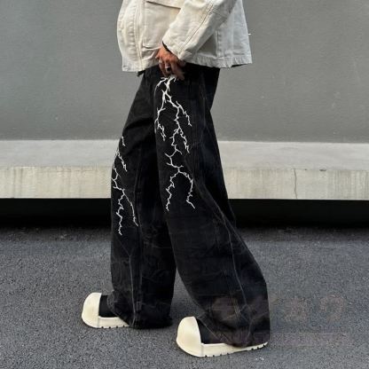 Vintage Lightning Embroidery Loose Wide Leg Denim Pants Unisex - image 3