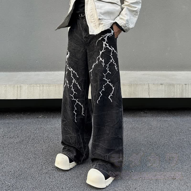 Vintage Lightning Embroidery Loose Wide Leg Denim Pants Unisex - image 5