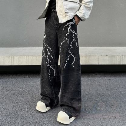Vintage Lightning Embroidery Loose Wide Leg Denim Pants Unisex - image 5