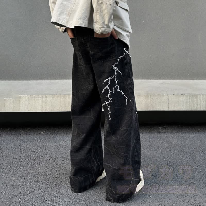 Vintage Lightning Embroidery Loose Wide Leg Denim Pants Unisex - image 4