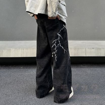 Vintage Lightning Embroidery Loose Wide Leg Denim Pants Unisex - image 4
