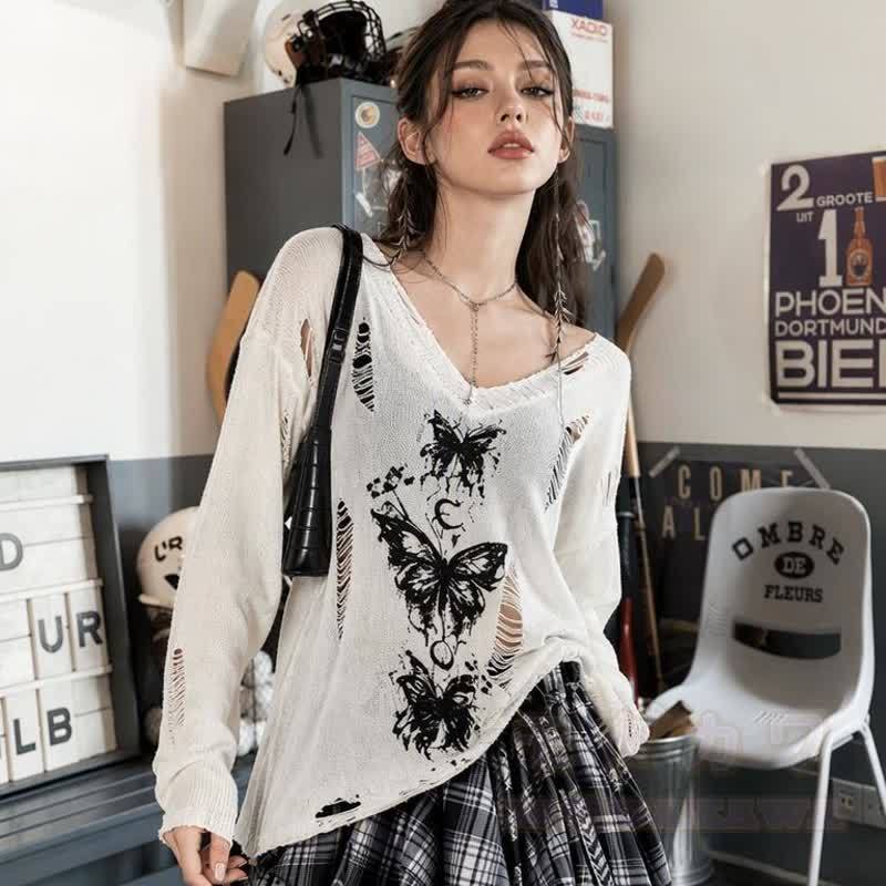 Y2K Gothic Butterfly Print Long Sleeve Top Plaid Irregular Skirt Leg Warmers - image 4