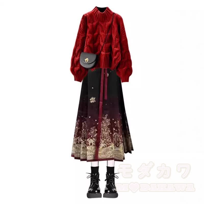 Vintage Chinese Style Knit Sweater Skirt Two Pieces Set - image 3