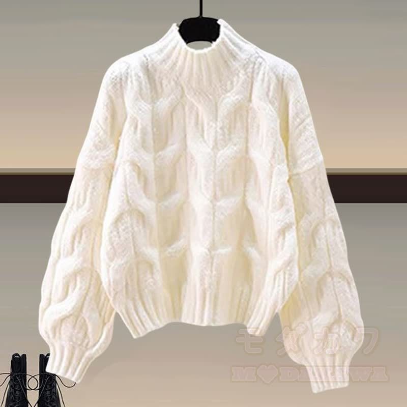Vintage Chinese Style Knit Sweater Skirt Two Pieces Set - White Top - 3XL - image 4