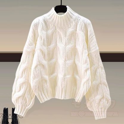 Vintage Chinese Style Knit Sweater Skirt Two Pieces Set - White Top - 3XL - image 4