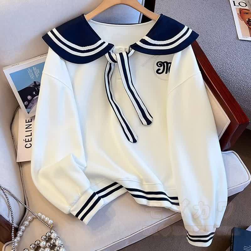 College Style Sailor Collar Sweatshirt Ruffled Tiered Skirt Two Pieces Set - White Top - XL - image 5