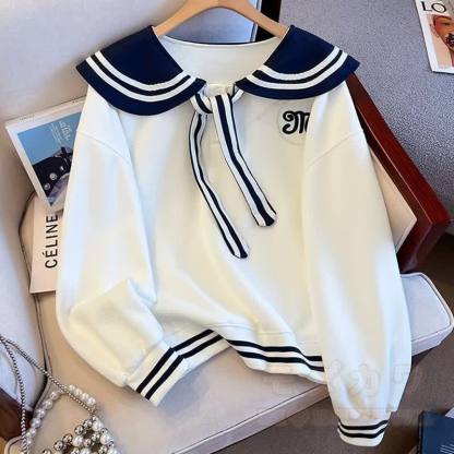 College Style Sailor Collar Sweatshirt Ruffled Tiered Skirt Two Pieces Set - White Top - XL - image 5