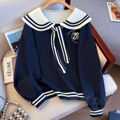 College Style Sailor Collar Sweatshirt Ruffled Tiered Skirt Two Pieces Set - Navy Blue Top - XL - image 7