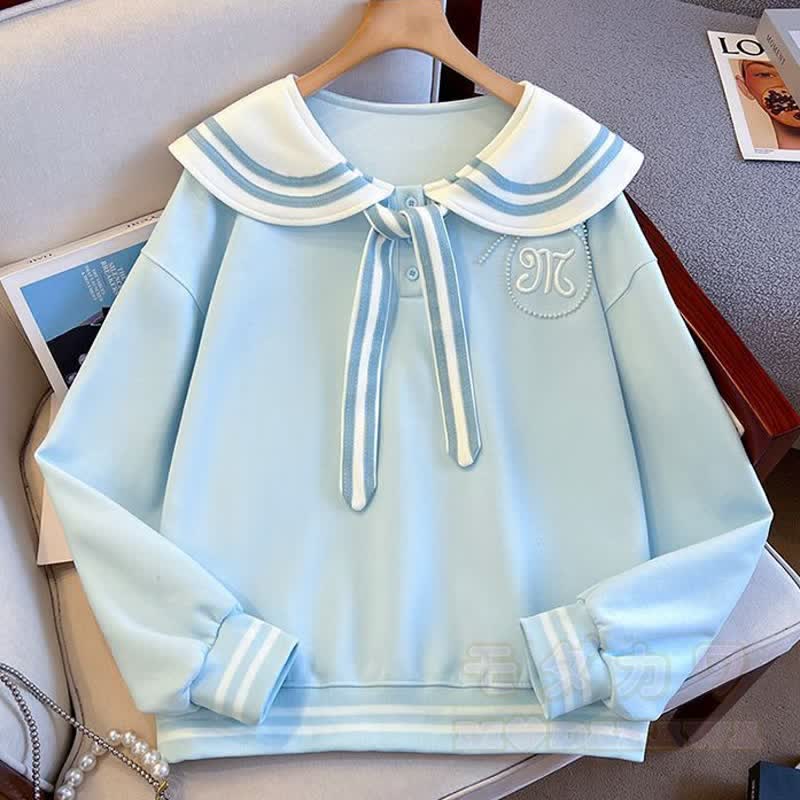 College Style Sailor Collar Sweatshirt Ruffled Tiered Skirt Two Pieces Set - Sky Blue Top - XL - image 6