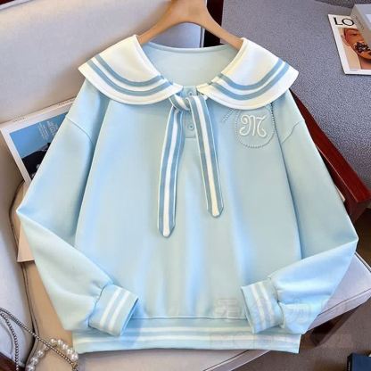 College Style Sailor Collar Sweatshirt Ruffled Tiered Skirt Two Pieces Set - Sky Blue Top - XL - image 6