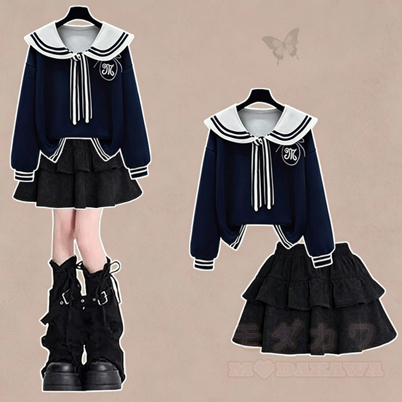 College Style Sailor Collar Sweatshirt Ruffled Tiered Skirt Two Pieces Set - Navy Blue Set - XL - image 4