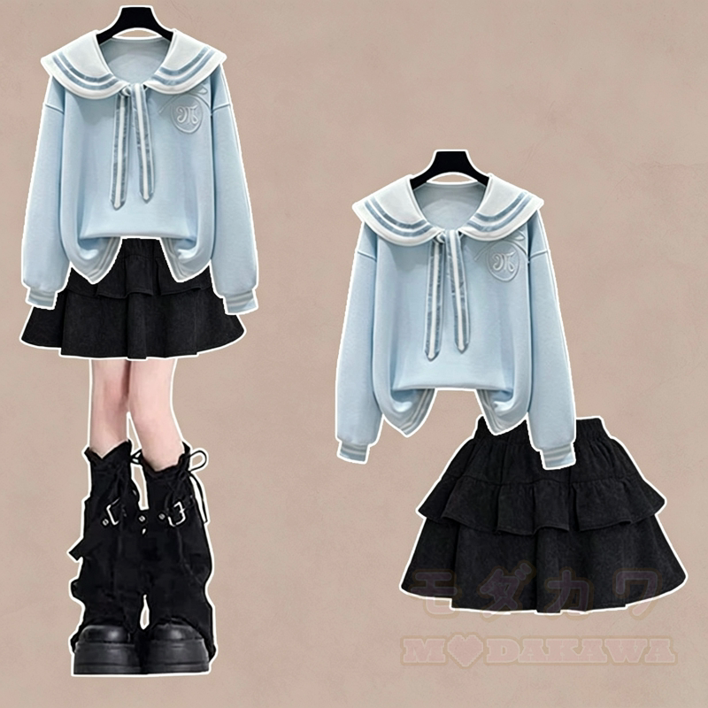 College Style Sailor Collar Sweatshirt Ruffled Tiered Skirt Two Pieces Set - Sky Blue Set - XL - image 3