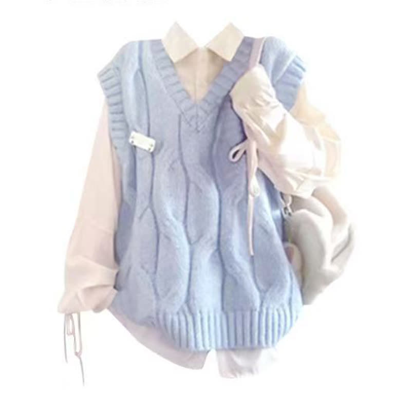 College Style Sailor Collar Sweatshirt Ruffled Tiered Skirt Three Piece Set - Vest - 2XL - image 3