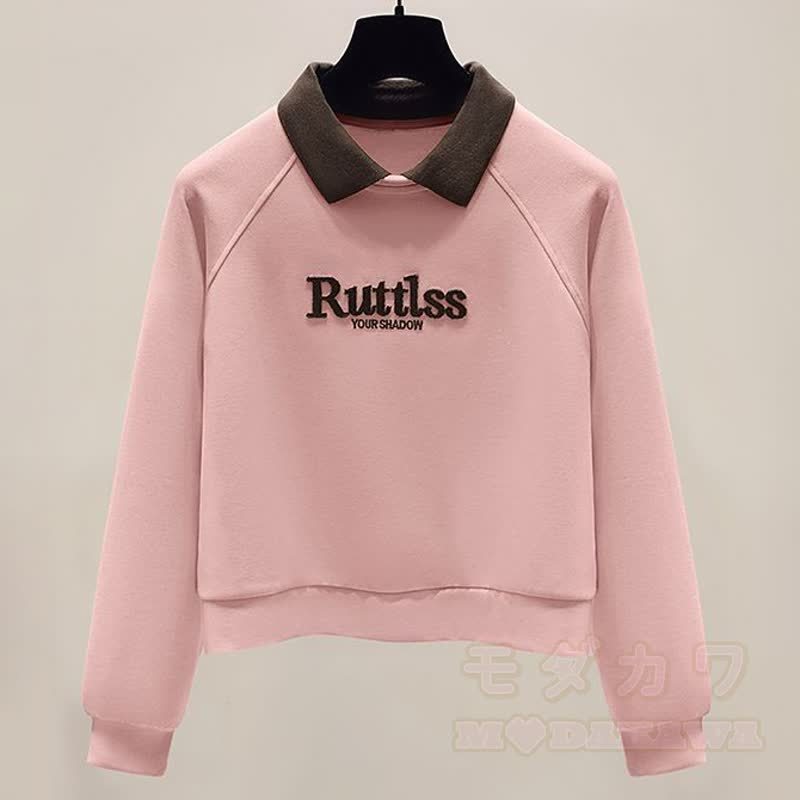 Polo Collar Letter Embroidered Sweatshirt Tiered Ruffle Skirt Two Pieces Set - Top - XL - image 4