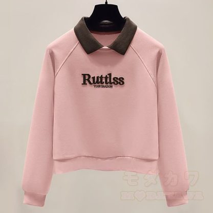 Polo Collar Letter Embroidered Sweatshirt Tiered Ruffle Skirt Two Pieces Set - Top - XL - image 4