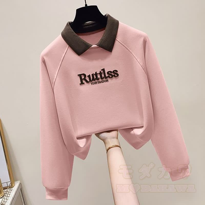 Polo Collar Letter Embroidered Sweatshirt Tiered Ruffle Skirt Two Pieces Set - image 3