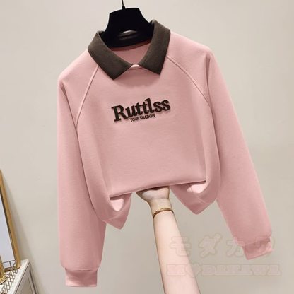 Polo Collar Letter Embroidered Sweatshirt Tiered Ruffle Skirt Two Pieces Set - image 3