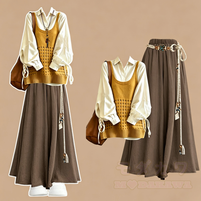 Vintage Knit Vest Long Sleeve Blouse High Waist Long Skirt Three Pieces Set - Set - XL - image 1