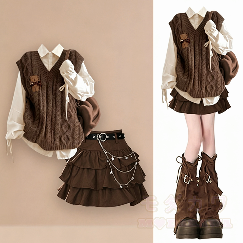 Preppy Knit Vest Long Sleeve Blouse Tiered Skirt Three Pieces Set - Set - XL - image 1
