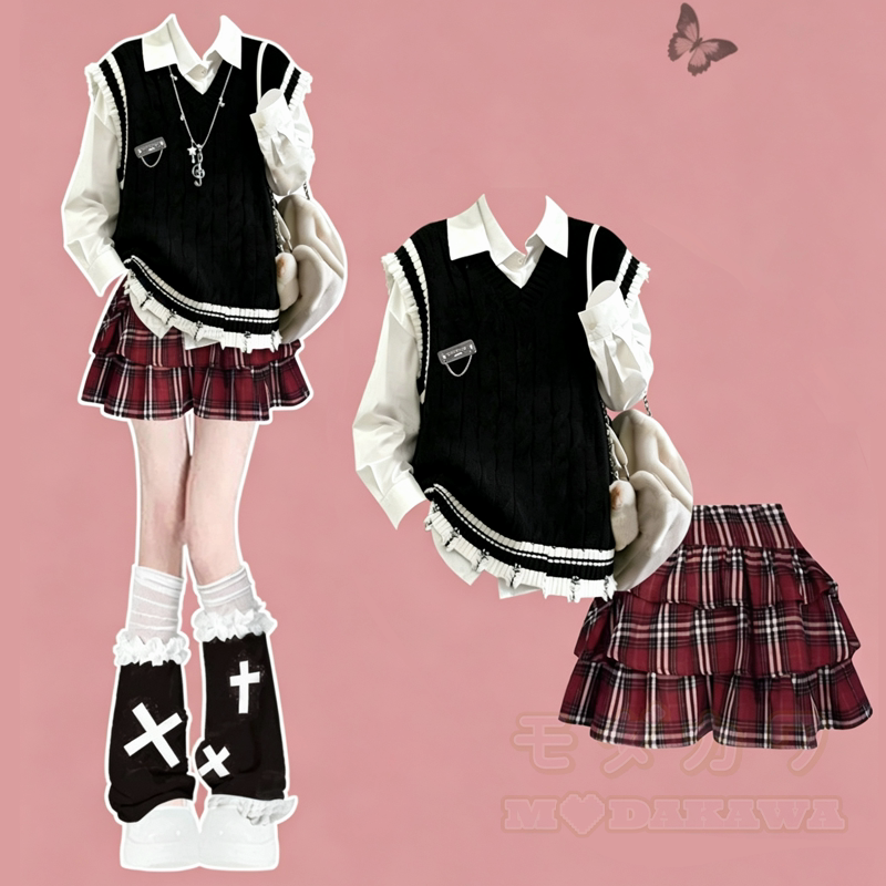 Preppy Style Vest Long Sleeve Shirt Plaid Tiered Skirt Three Pieces Set - Set - XL - image 1