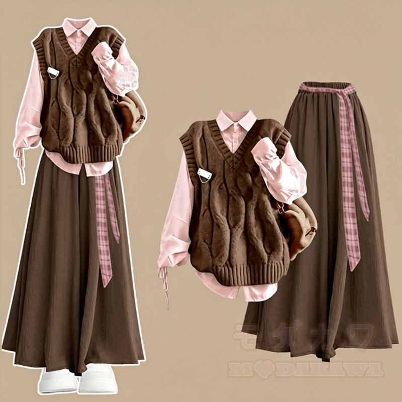 Preppy Knit Vest Pink Tie Shirt Wide Leg Long Pants Three Pieces Set - Set - XL - image 1