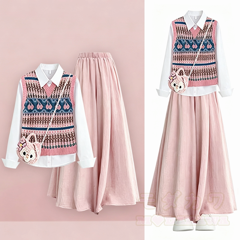 Preppy Knit Vest Polo Collar Shirt High Waist Pants Three Pieces Set - Set - XL - image 1