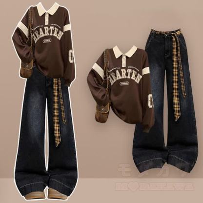 Vintage Letter Print Sweatshirt Plaid Sash Wide Leg Jeans Two Pieces Set - Set - 2XL - image 1