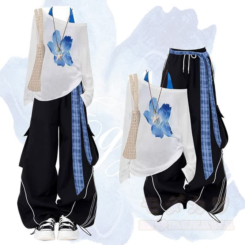 Y2K Floral Print Long Sleeve Top Plaid Sash Cargo Pants Two Pieces Set - Set - XL - image 1