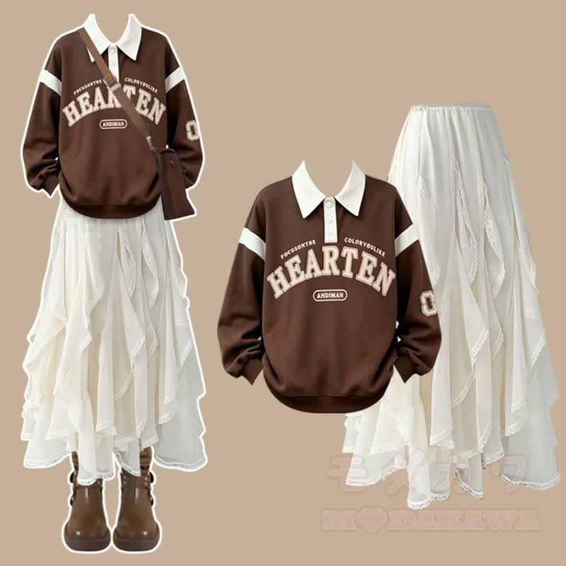 Vintage Letter Print Sweatshirt Ruffled Hem Skirt Two Pieces Set - Set - XL - image 1
