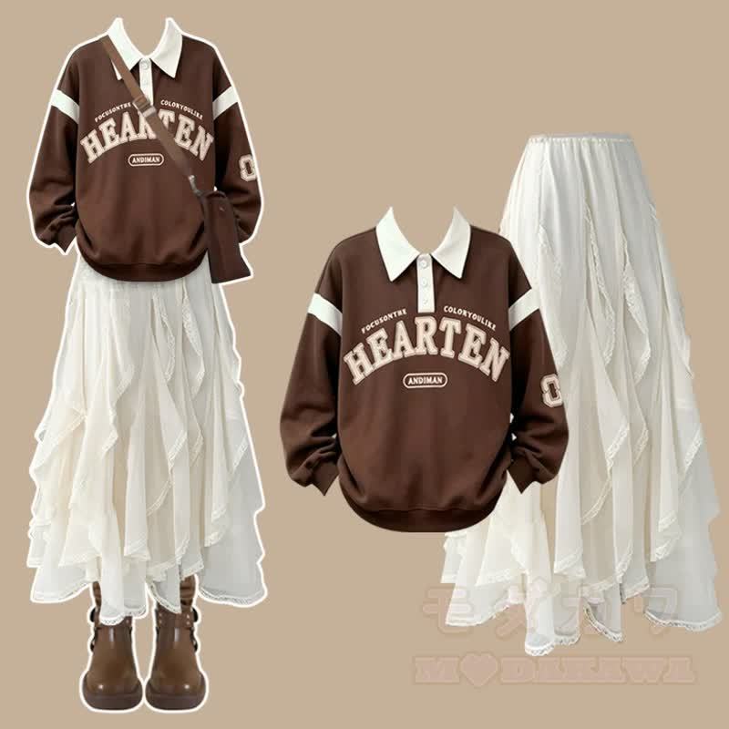 Vintage Letter Print Sweatshirt Ruffled Hem Skirt Two Pieces Set - Set - XL - image 1