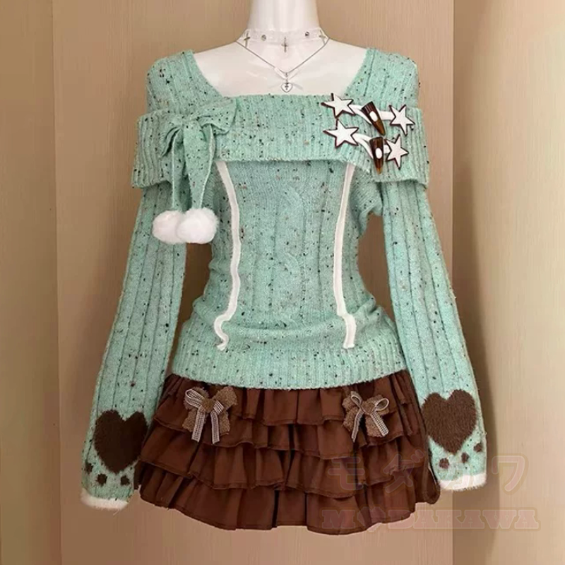 Vintage Off Shoulder Bow Knit Sweater Ruffled Skirt Two Pieces Set - Set - L - image 1