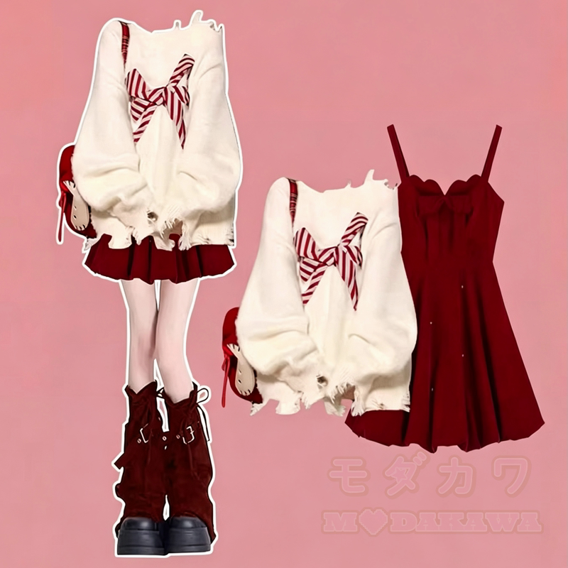 Sweet Bow Knit Sweater Lace‑Up Sleeveless Cami Dress Two Pieces Set  - White Set - 3XL - image 3