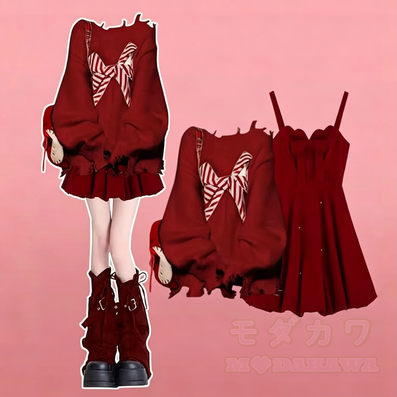 Sweet Bow Knit Sweater Lace‑Up Sleeveless Cami Dress Two Pieces Set  - Red Set - 3XL - image 2