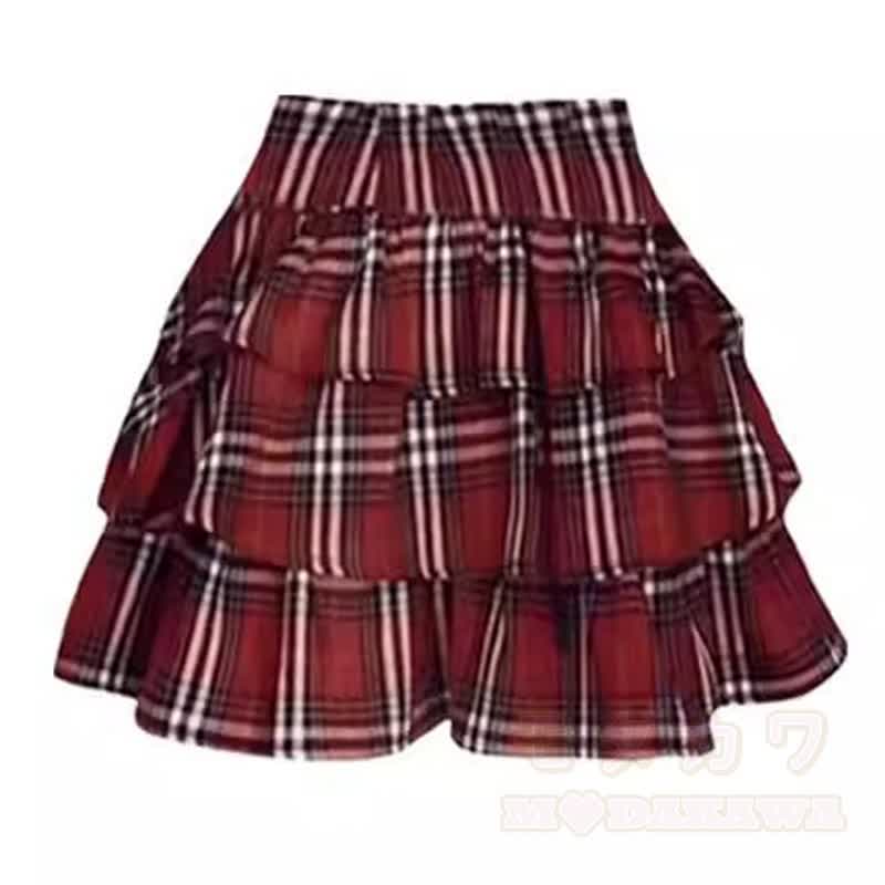 Preppy Style Vest Long Sleeve Shirt Plaid Tiered Skirt Three Pieces Set - Skirt - XL - image 3