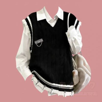 Preppy Style Vest Long Sleeve Shirt Plaid Tiered Skirt Three Pieces Set - Vest+ Shirt - XL - image 2