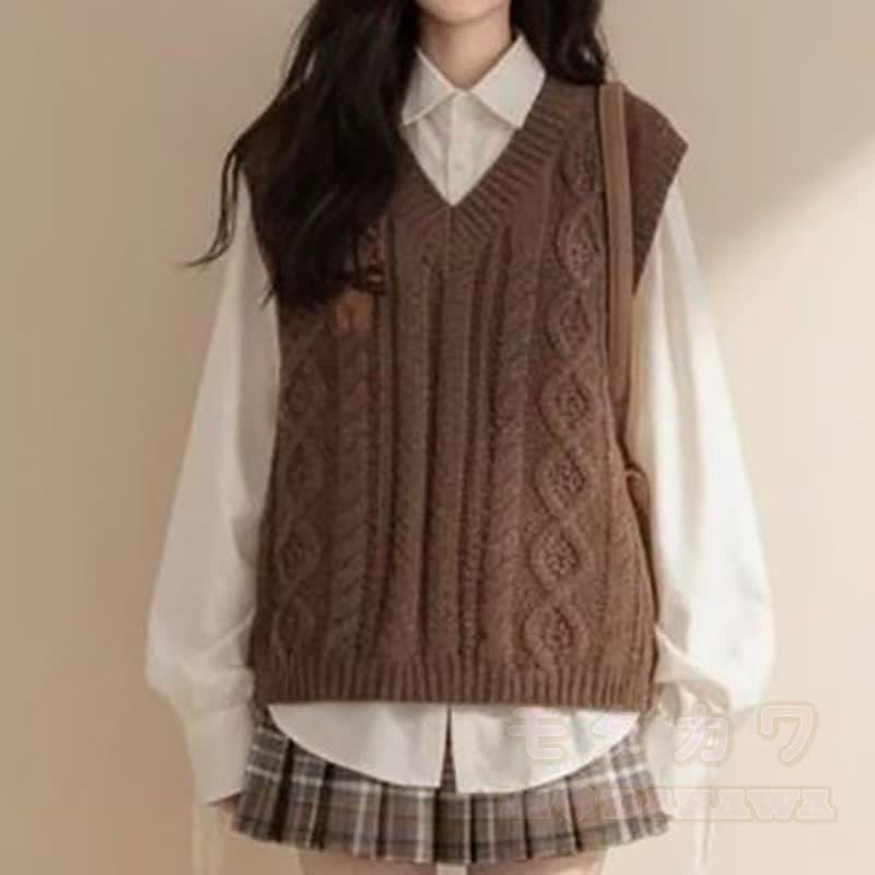 Preppy Knit Vest Long Sleeve Blouse Tiered Skirt Three Pieces Set - Vest+ Shirt - XL - image 2