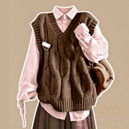 Preppy Knit Vest Pink Tie Shirt Wide Leg Long Pants Three Pieces Set - Vest+ Shirt - XL - image 2