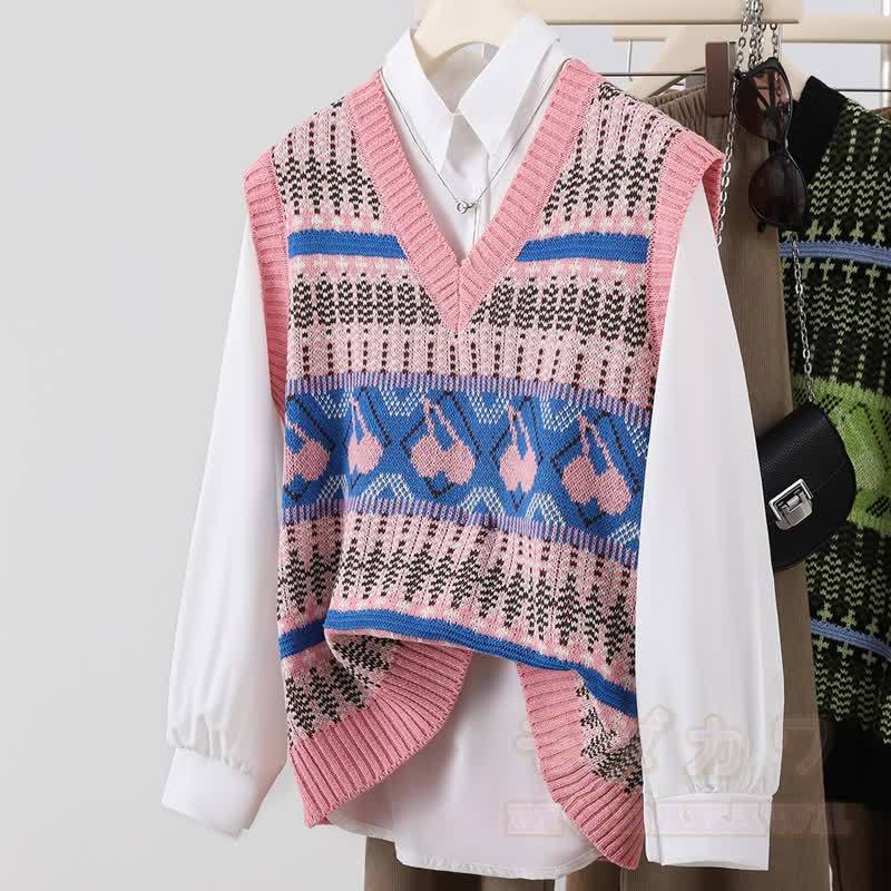 Preppy Knit Vest Polo Collar Shirt High Waist Pants Three Pieces Set - Vest+ Shirt - XL - image 2