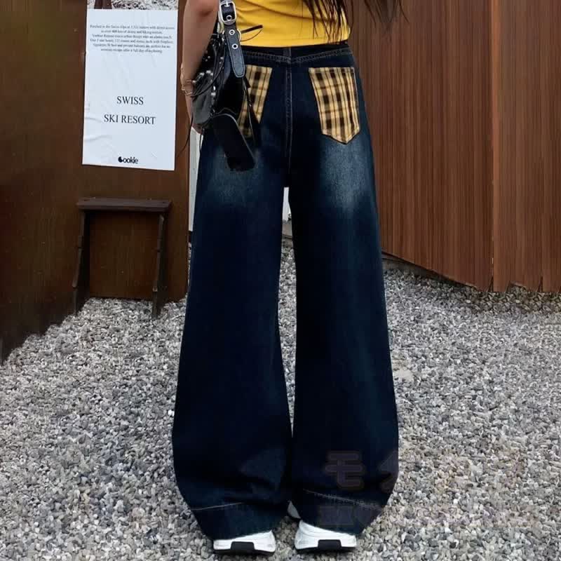 Vintage Letter Print Sweatshirt Plaid Sash Wide Leg Jeans Two Pieces Set - image 4