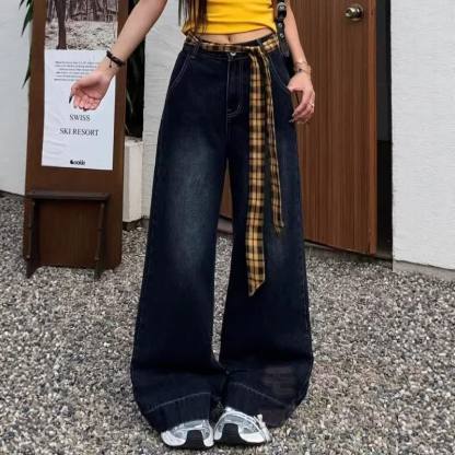 Vintage Letter Print Sweatshirt Plaid Sash Wide Leg Jeans Two Pieces Set - Pants - 2XL - image 3