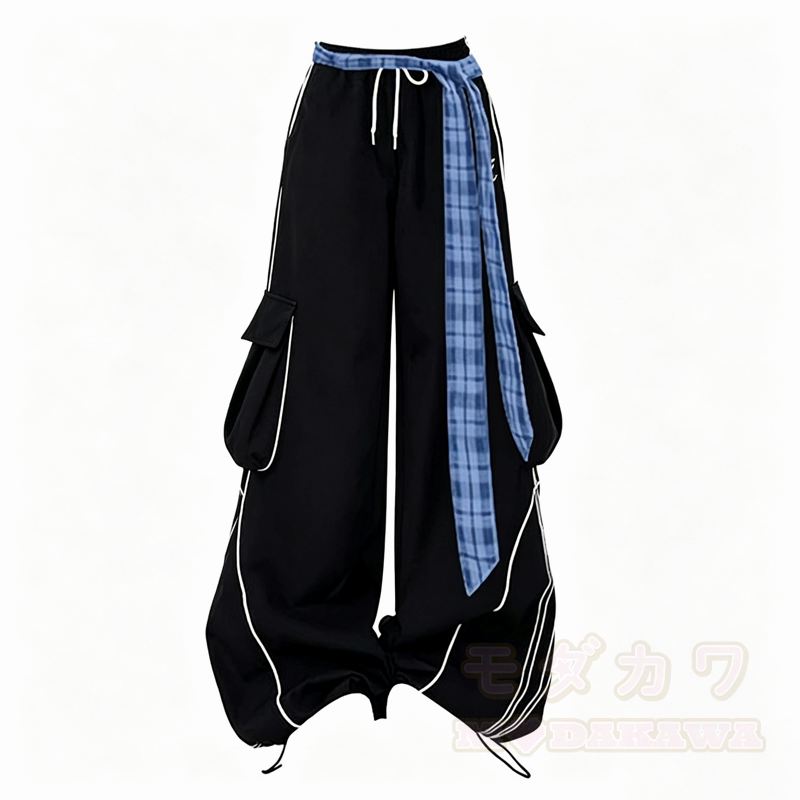 Y2K Floral Print Long Sleeve Top Plaid Sash Cargo Pants Two Pieces Set - Pants - XL - image 3