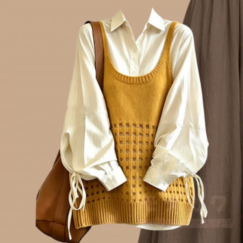 Vintage Knit Vest Long Sleeve Blouse High Waist Long Skirt Three Pieces Set - Vest+ Shirt - XL - image 4