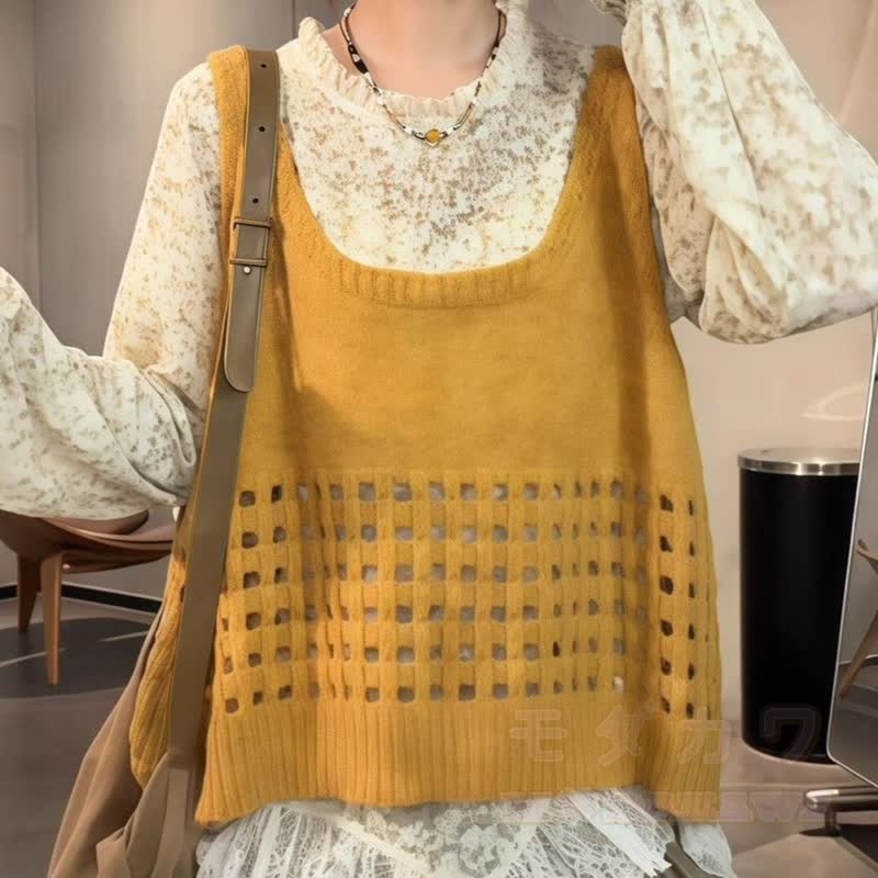 Vintage Knit Vest Long Sleeve Blouse High Waist Long Skirt Three Pieces Set - image 3