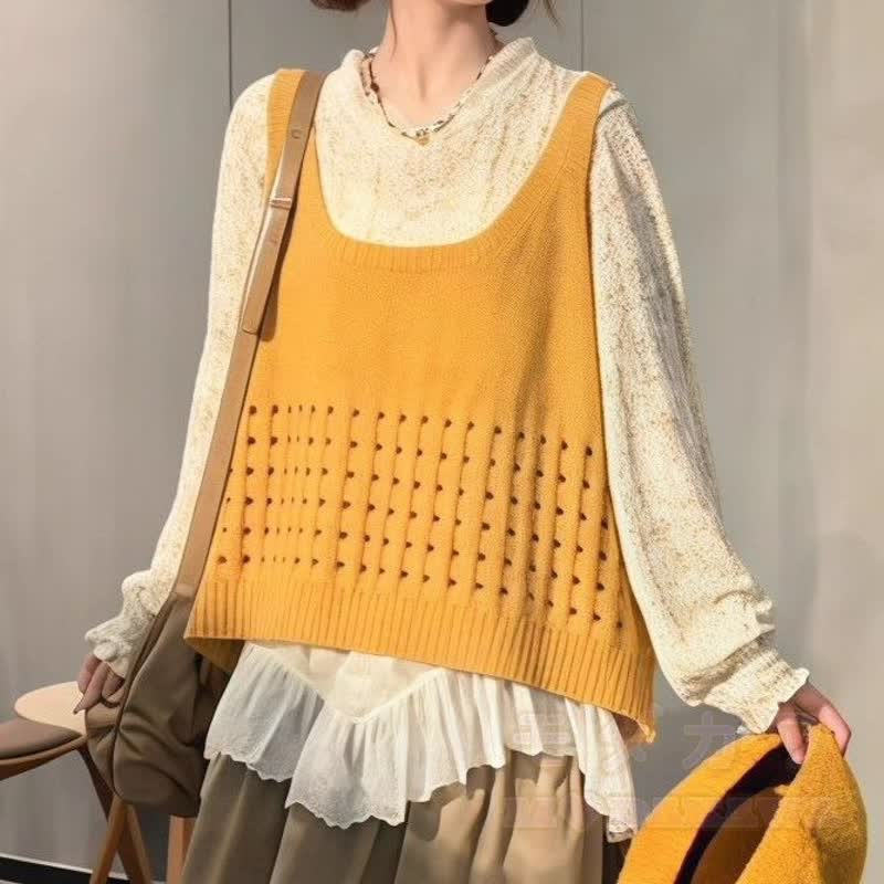 Vintage Knit Vest Long Sleeve Blouse High Waist Long Skirt Three Pieces Set - image 2