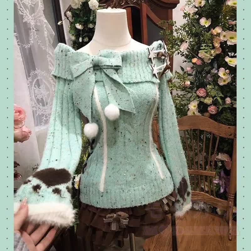 Vintage Off Shoulder Bow Knit Sweater Ruffled Skirt Two Pieces Set - image 6