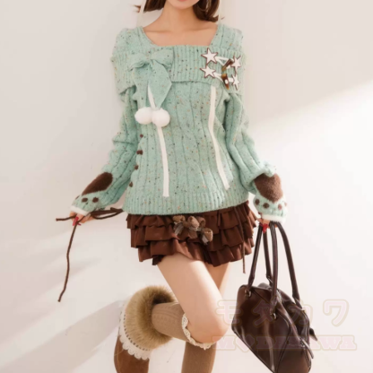 Vintage Off Shoulder Bow Knit Sweater Ruffled Skirt Two Pieces Set - image 4