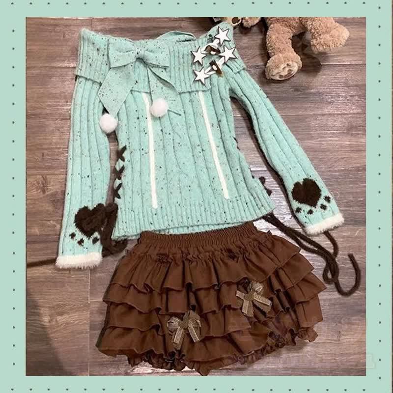 Vintage Off Shoulder Bow Knit Sweater Ruffled Skirt Two Pieces Set - Skirt - L - image 5