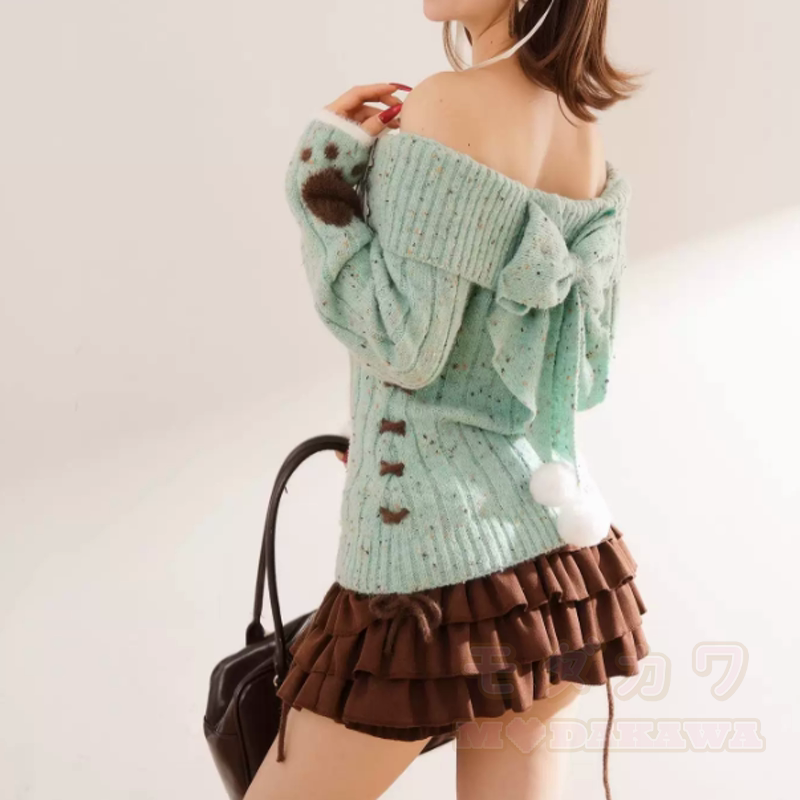 Vintage Off Shoulder Bow Knit Sweater Ruffled Skirt Two Pieces Set - image 3