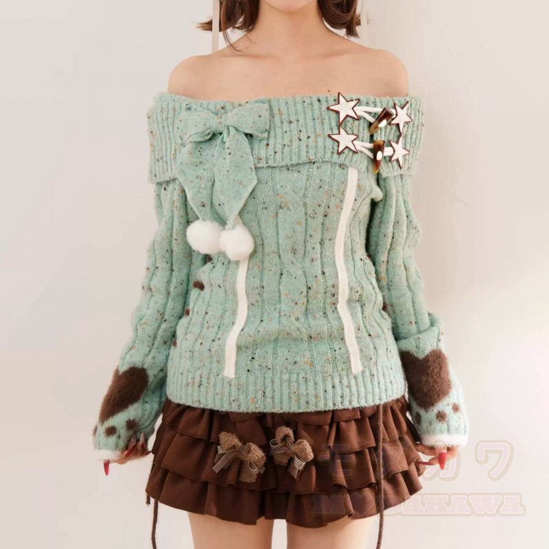 Vintage Off Shoulder Bow Knit Sweater Ruffled Skirt Two Pieces Set - image 7