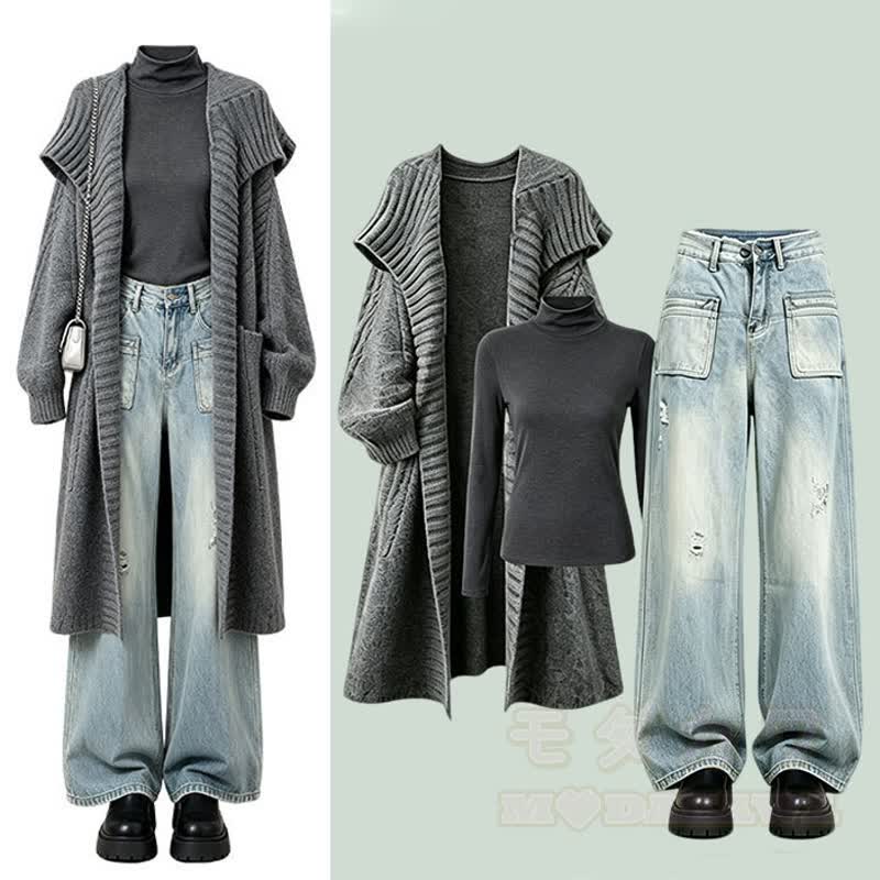 Vintage Loose Long Knit Cardigan Wide Leg Jeans Three Pieces Set - Set - 3XL - image 1